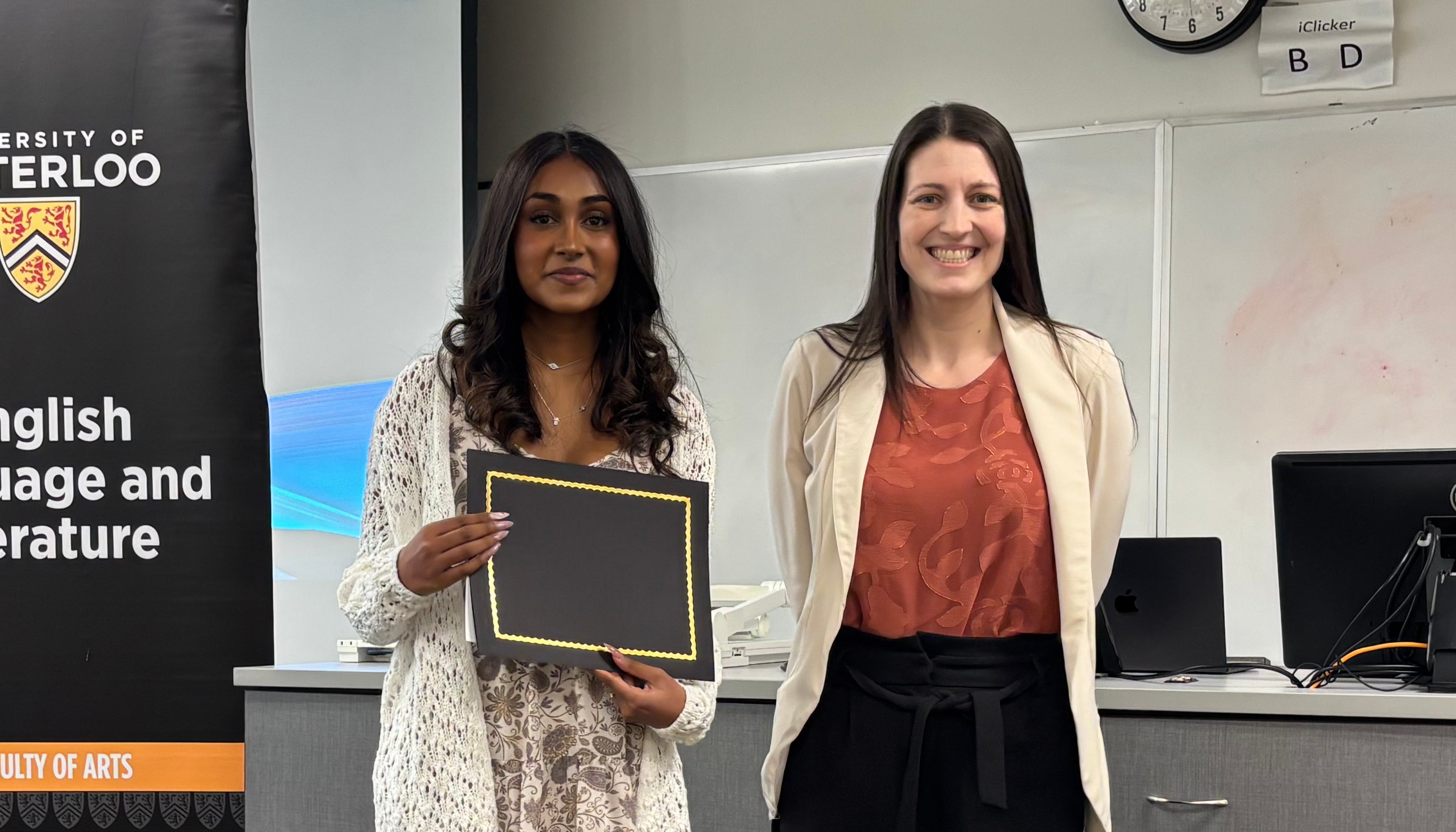Dr. Megan Selinger presents Bavithra Amuthalakan with the G.R. Hibba​rd Shakespeare Prize.