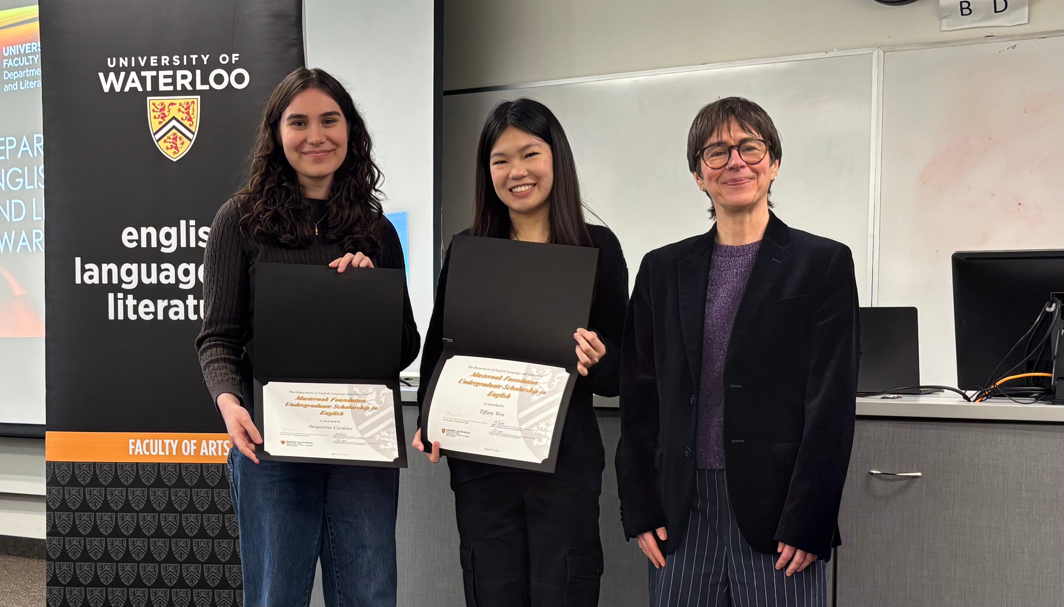 Dr. Tristanne Connolly presents Jacqueline Cardoso and Tiffany Wen with the Masternak Scholarship.