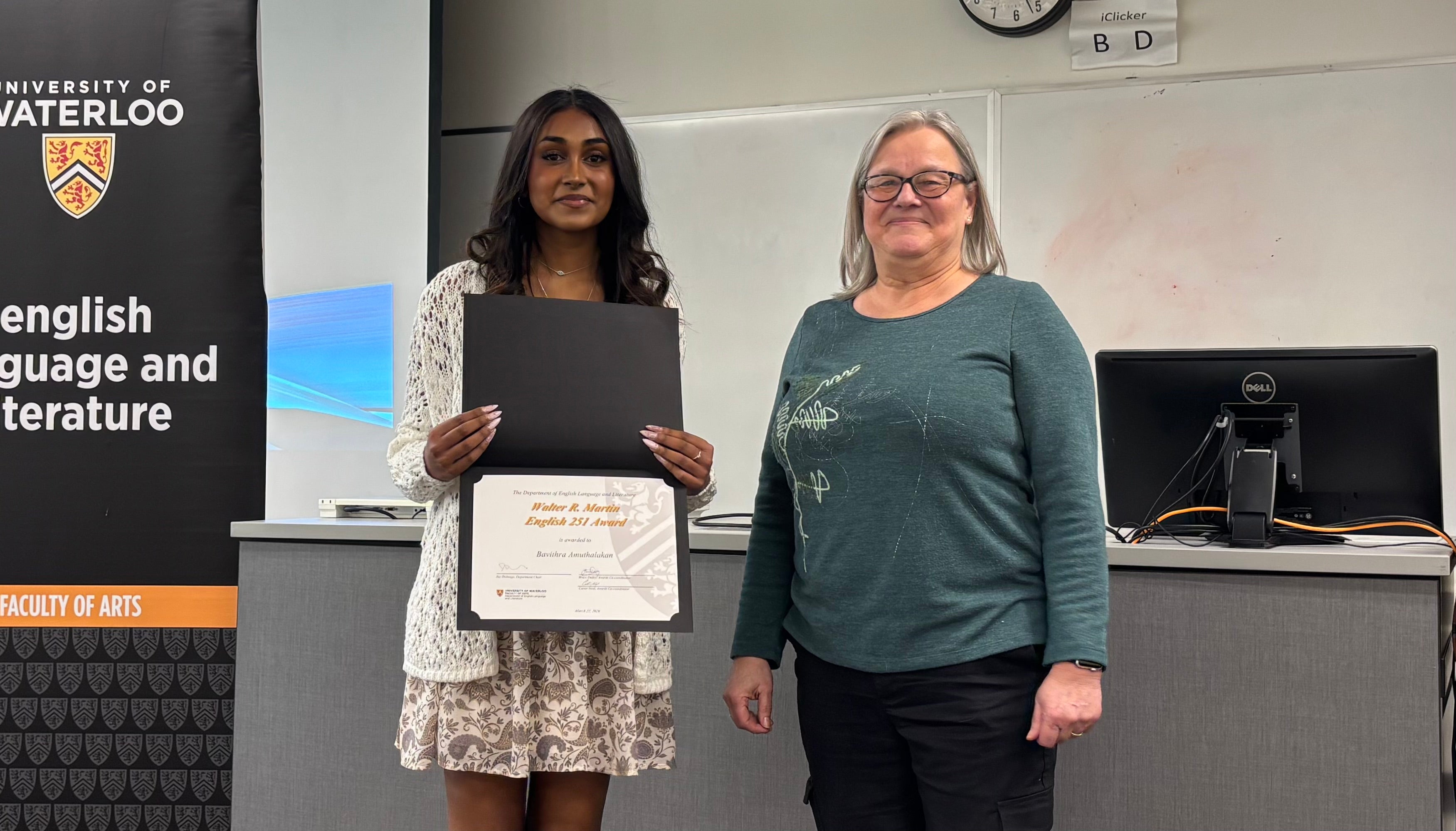 Dr. Dorothy Hadfield presents Bavithra Amuthalakan with the Walter R. Martin English 251 Award.