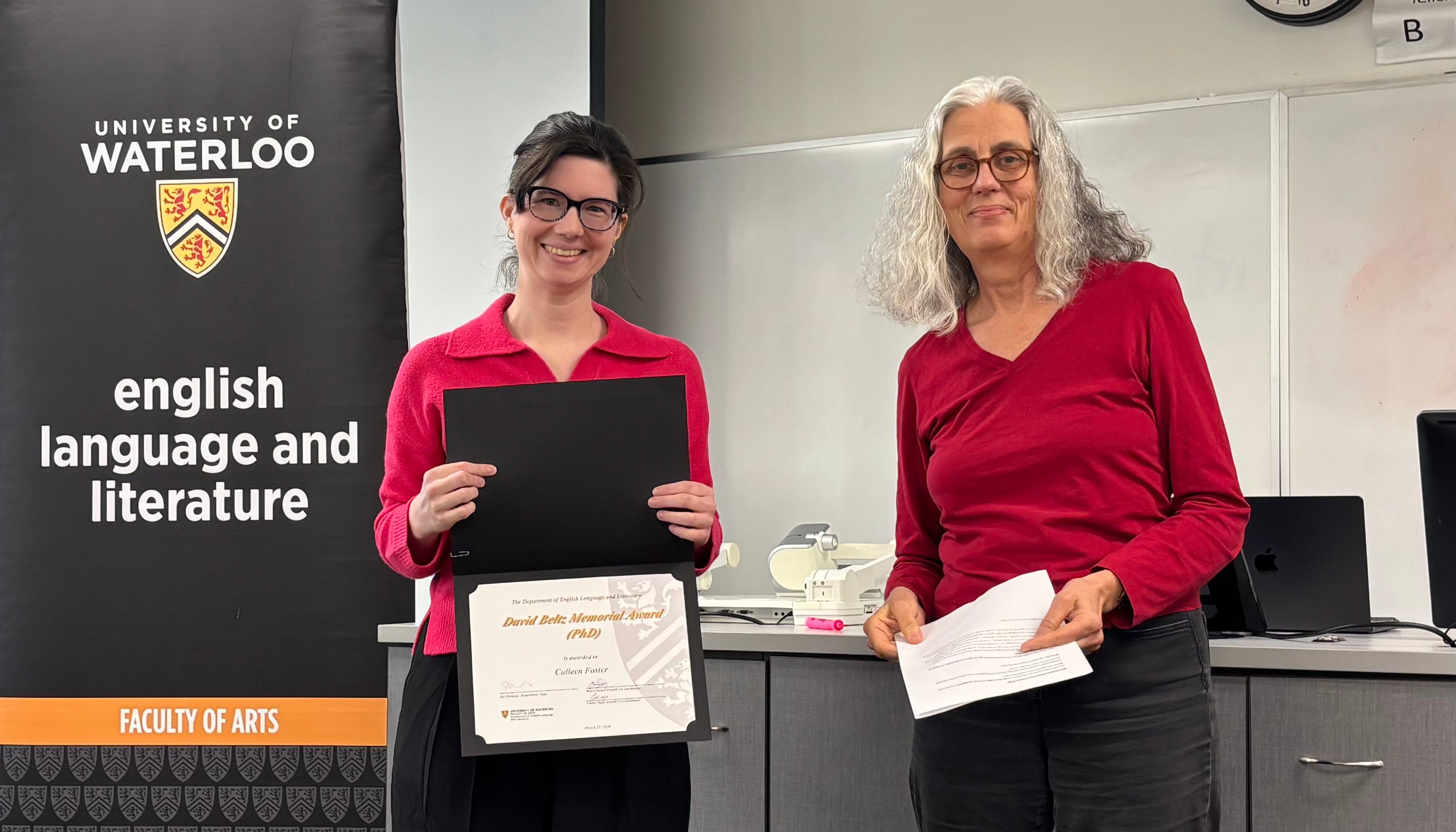 Dr. Kate Lawson presents Colleen Foster with the David Beltz Memorial Prize PhD.
