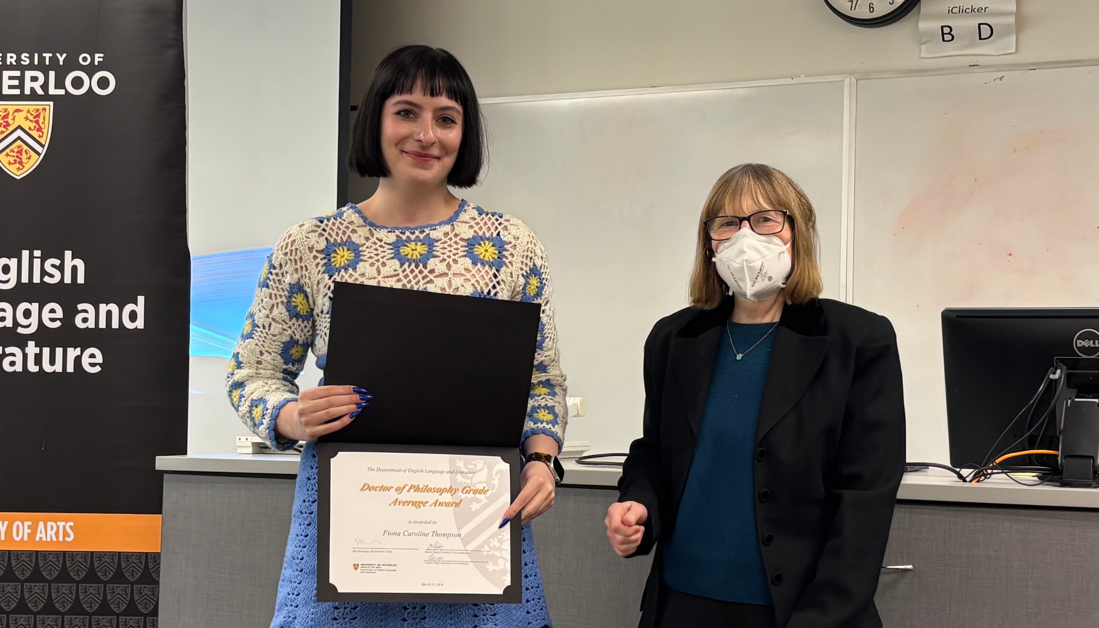 Dr. Carol Acton presents Fiona Thompson with the Doctor of Philosophy Grade Average Award.