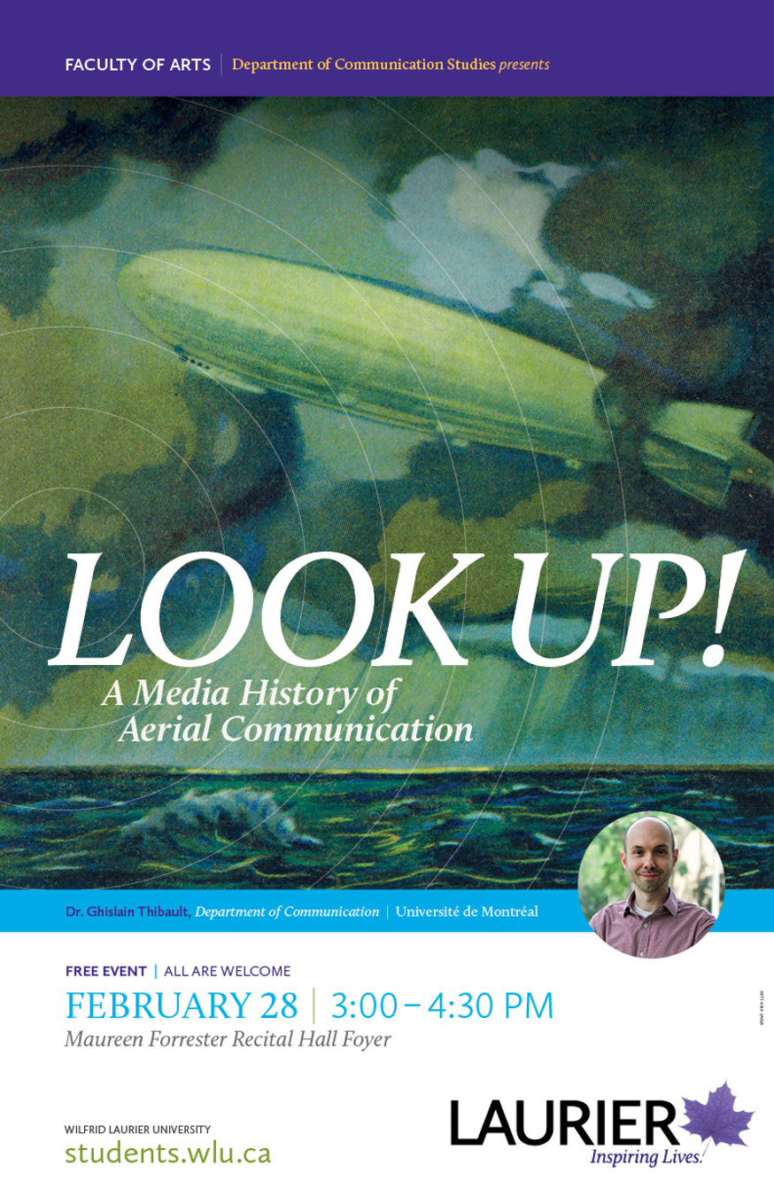 Poster for the talk Look Up! A Media History of Aerial Communication. Painting of a Zeppelin above the ocean.