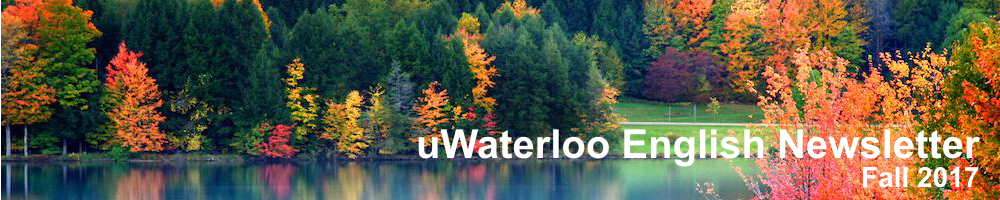 Photo of fall trees and lake with caption uWaterloo English Newsletter, Fall 2017.
