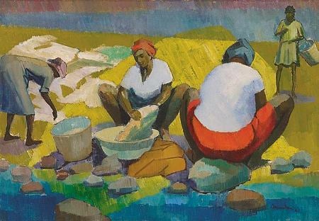 Painting of Jamaican women washing clothes.