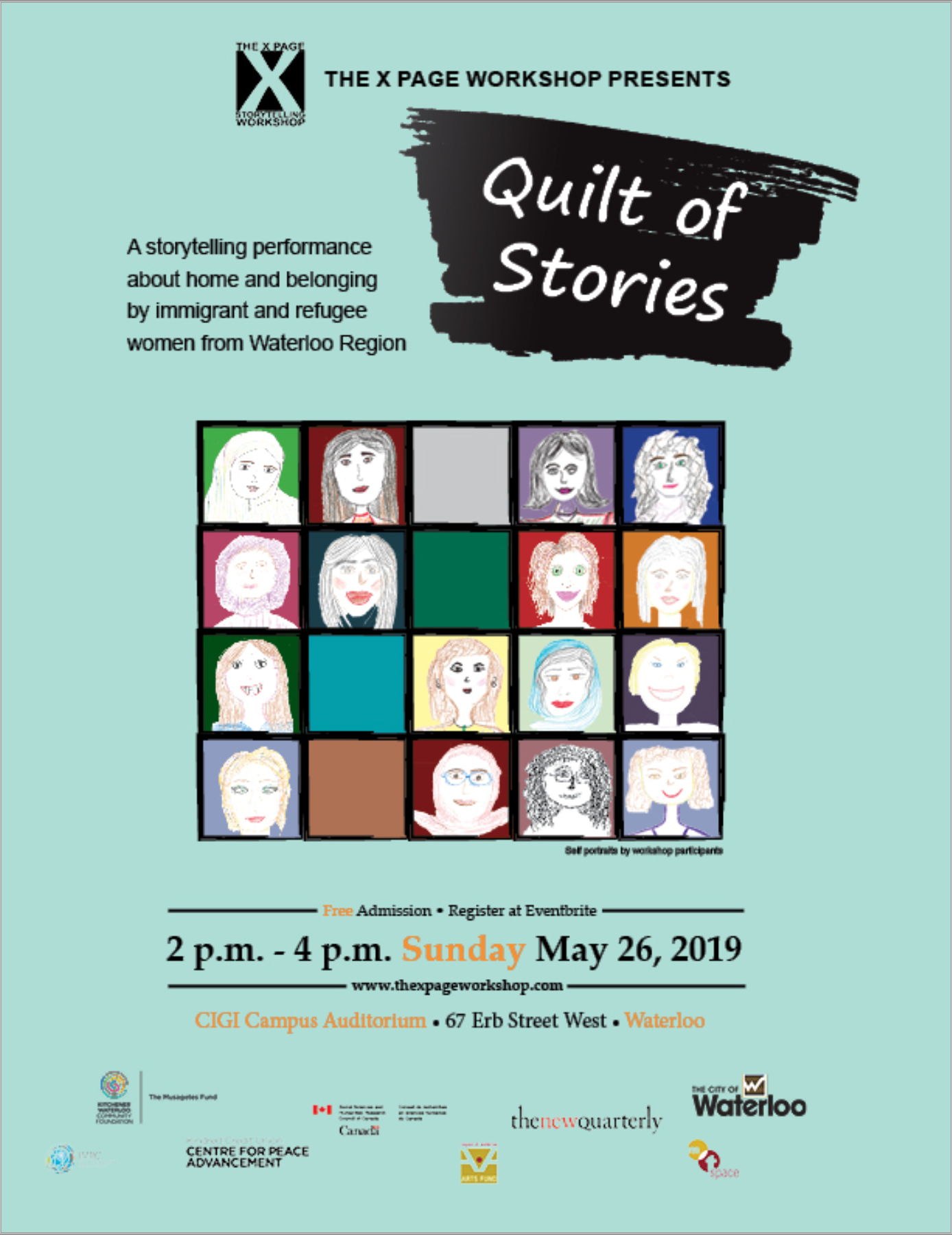 Poster for event Quilt of Stories, with cartoon portraits of participants.