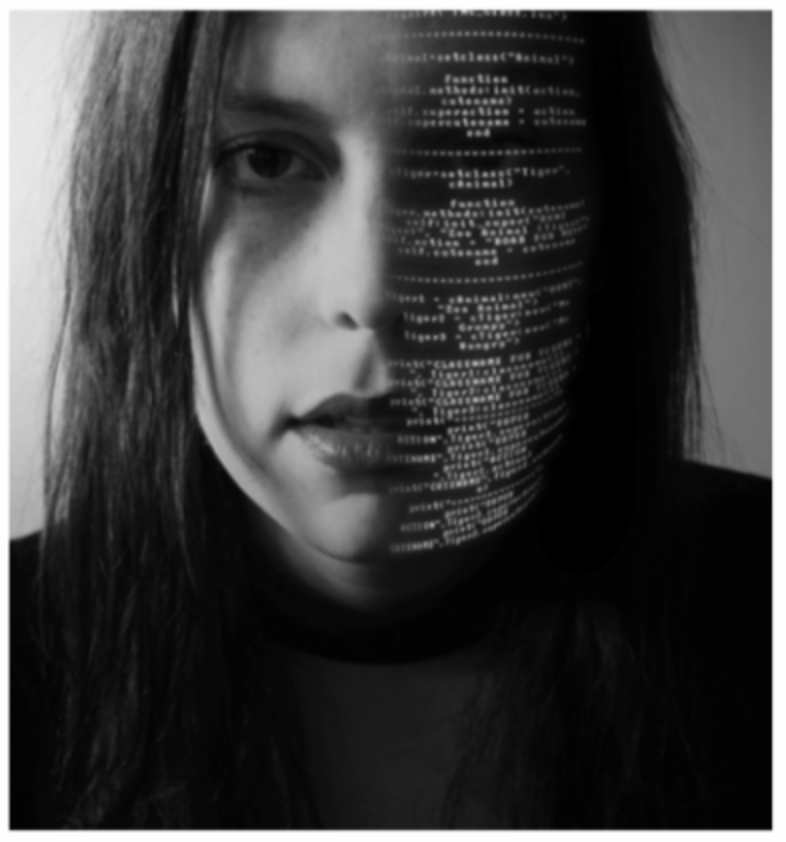 Photo of woman with digitial numbers across half her face.