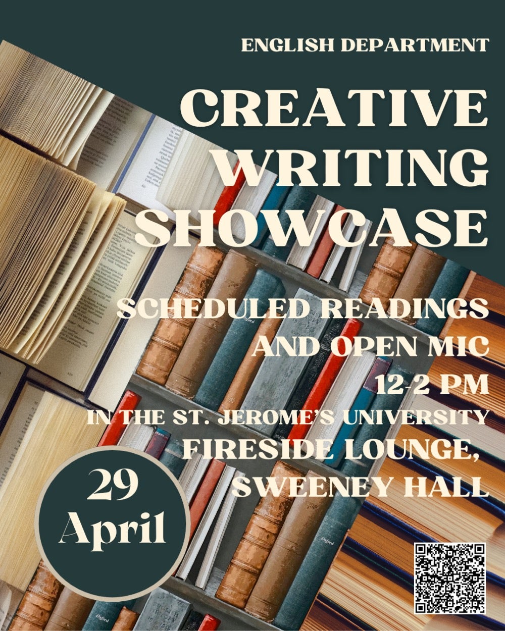 Creative Writing Showcase Poster. Held April 29, noon to 2 p.m. in the Fireside Lounge at St. Jerome's University.