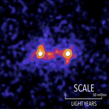 Dark matter filaments (shown in red) bridge the space between galaxy halos (shown in white) on this false colour composite map.