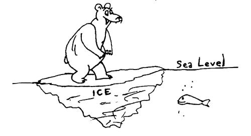 sketch of a polar bear on a flat-topped iceberg, the top of which is even with sea level