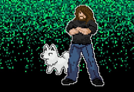 Pixelated graphic of Mirko Vucicevich and his dog, Tofu