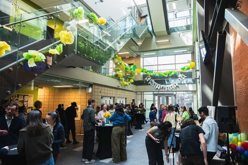 EV3 building set up with yellow and green decorations for the 2025 ENVigorate festival.
