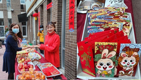 Red envelops, fruits and snacks