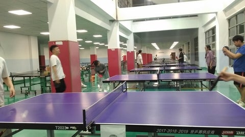 people play table tennis on a row of tables