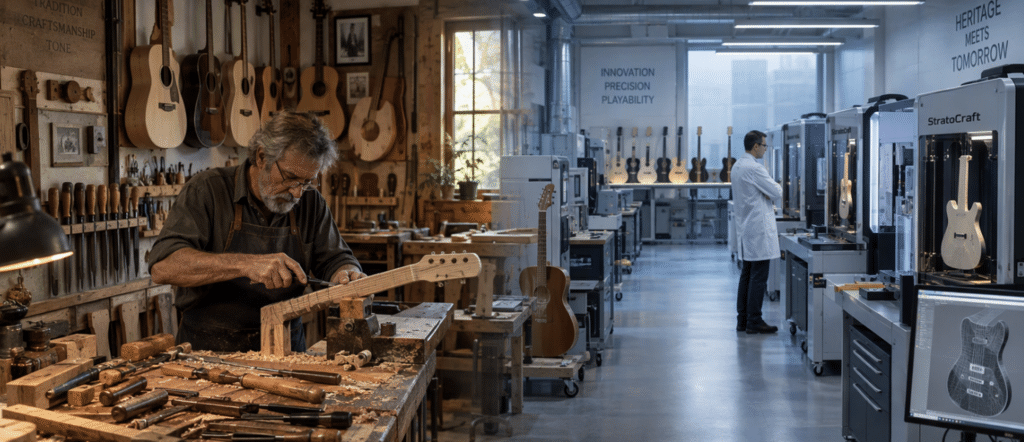 A woodworker works on the neck of a guitar in a workshop with woodworking tools and other wood guitars on the wall. The other side of the photo is a person in a labcoat looking at guitars in display cases.