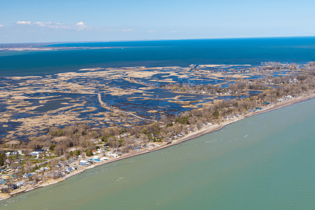 aerial side view of the Long Point causeway, Ontario