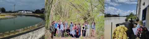 three photos side by side. firstly, a settling pond from a wastewater treatment plant, second is a group photo of students in a forest, last is a group looking out on a cloudy river