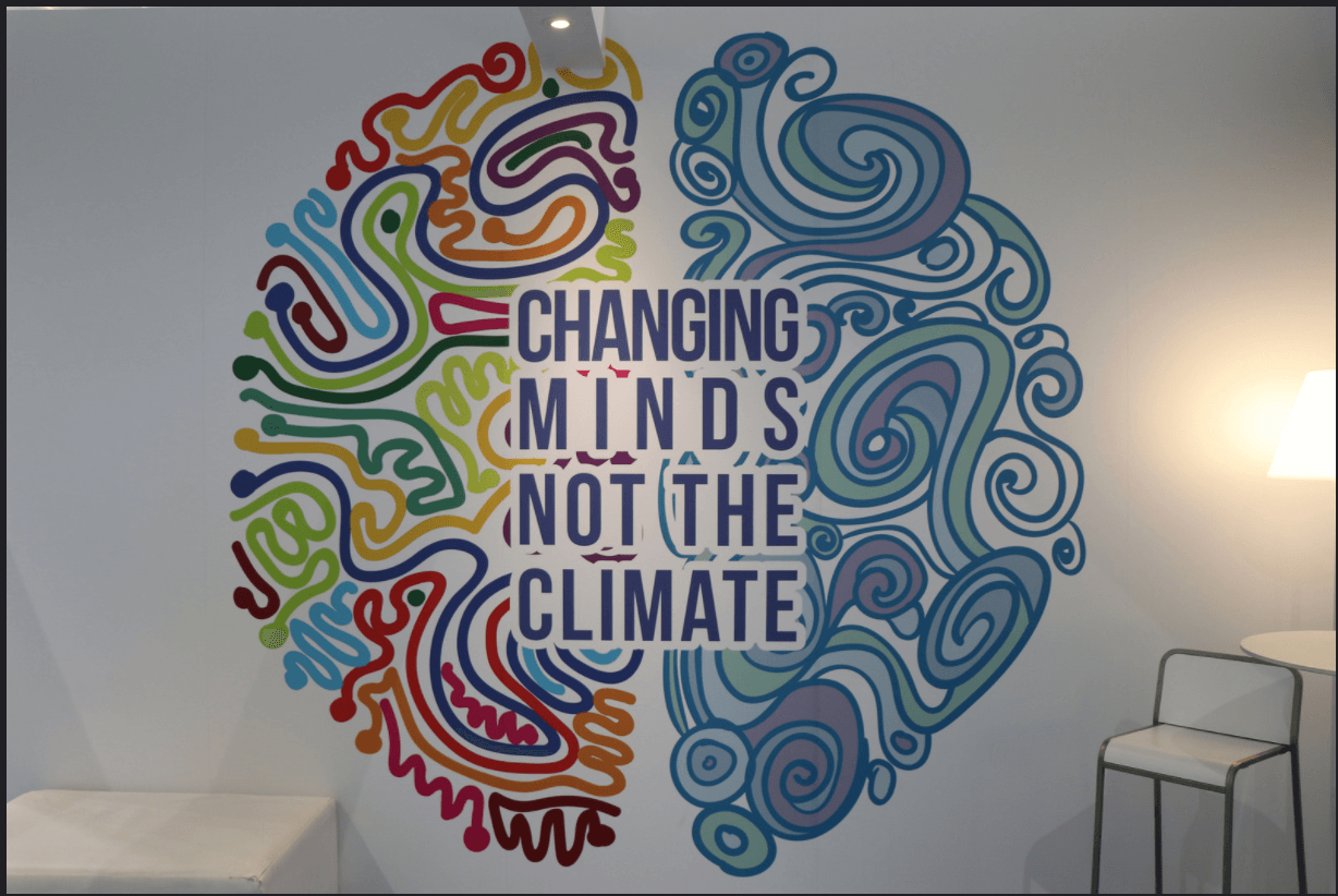Changing minds not the climate poster art mural on the wall.