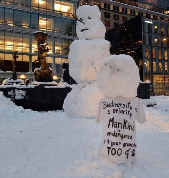 A snowman and a snow-child. The child wears a sign saying: Biodiversity is a priority. Mankind is endangered and your grandchildren too.