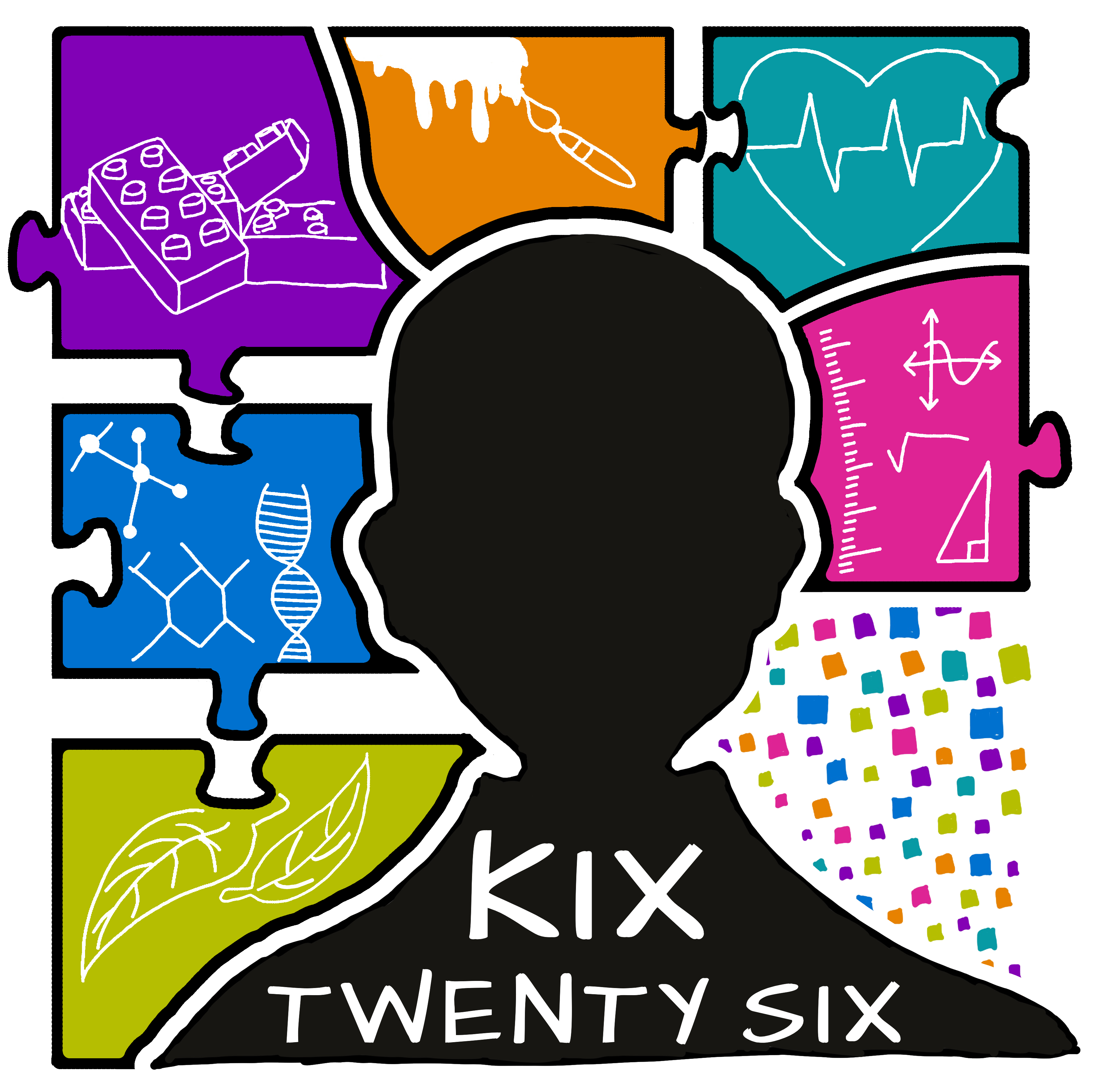 Logo that says KIX 26 in the silloulette of a head that is looking at six puzzle pieces of different colours.