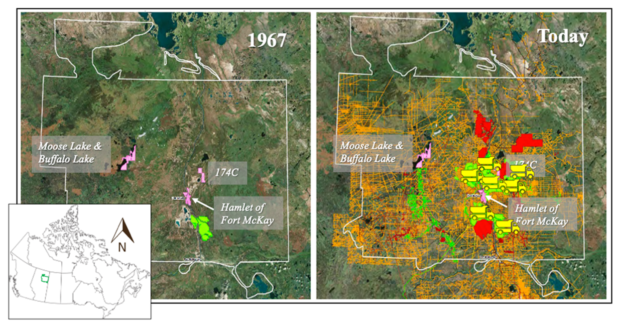 two side by side satelite images of the Fort McKay First Nation area with one being much greener and the ohter with many colorful areas