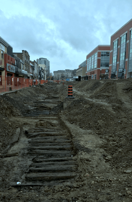 King Street North, Waterloo, torn up with corduroy exposed.