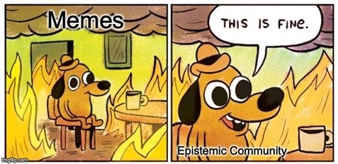 two comic blocks of a dog at a table in a room on fire, 1 -titled memes, and 2- the dog says "this is fine" with a subtitle Epistemic Community