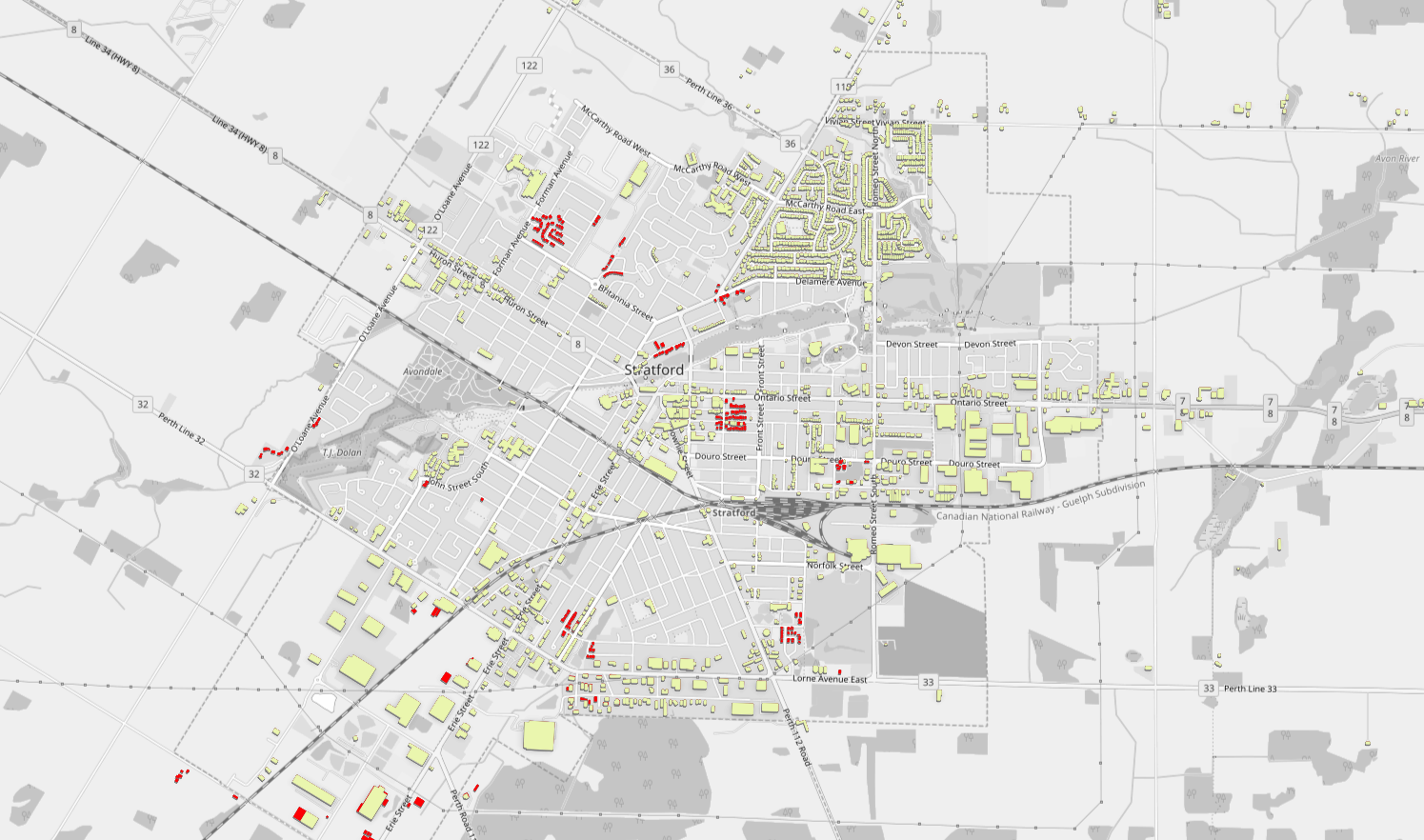 Map highlighting buildings added during OpenStreetMap mapathon