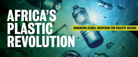 Africa's plastic revolution: advancing global solutions for healthy oceans. Picturing a bottle floating in the ocean.