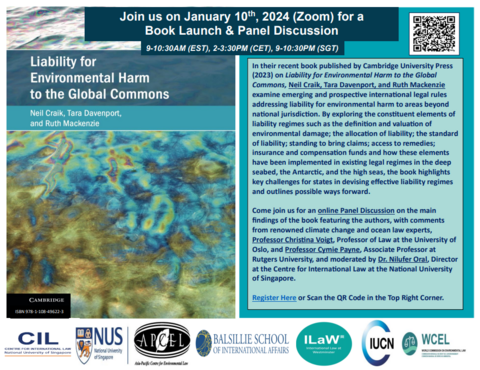 Flyer for book launch and panel discussion for Liability for Environmental Harm to the Global Commons
