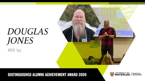 Two images of smiling bearded man against green hexangon design background.