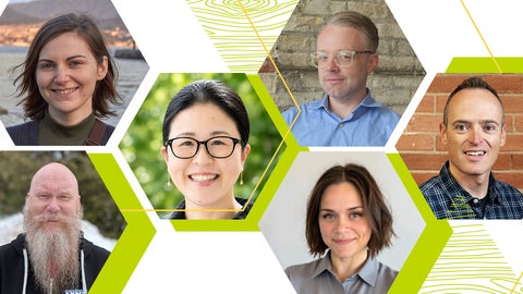 The image features six headshots arranged in a hexagonal pattern against a white and green geometric background. The individuals include three women and three men of varying ages and ethnicities, all smiling.