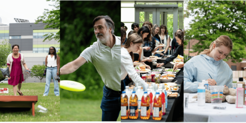 Collection of photos involving staff and students outside, playing yard games.