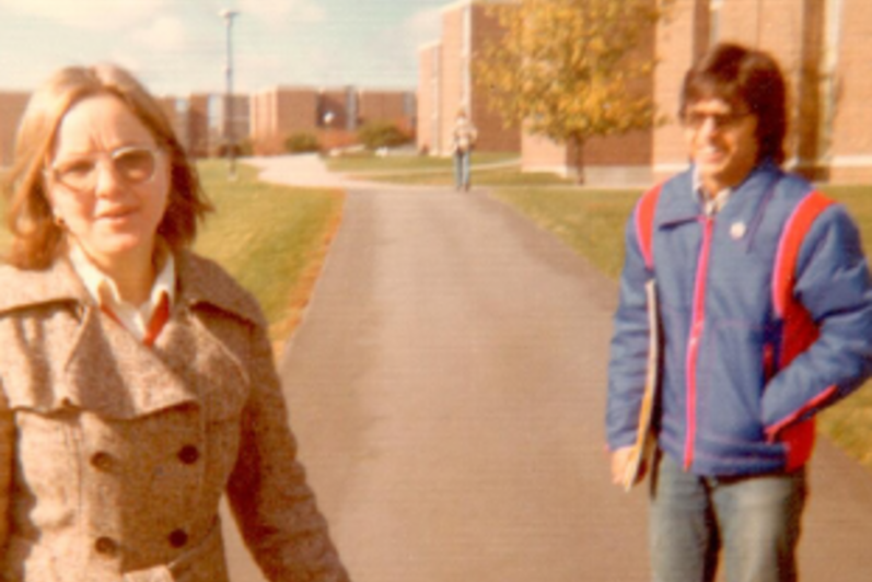 Two university students on campus, early 70s
