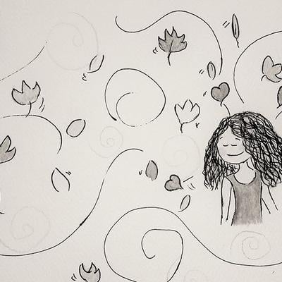drawing of girl surrounded by wind and leaves