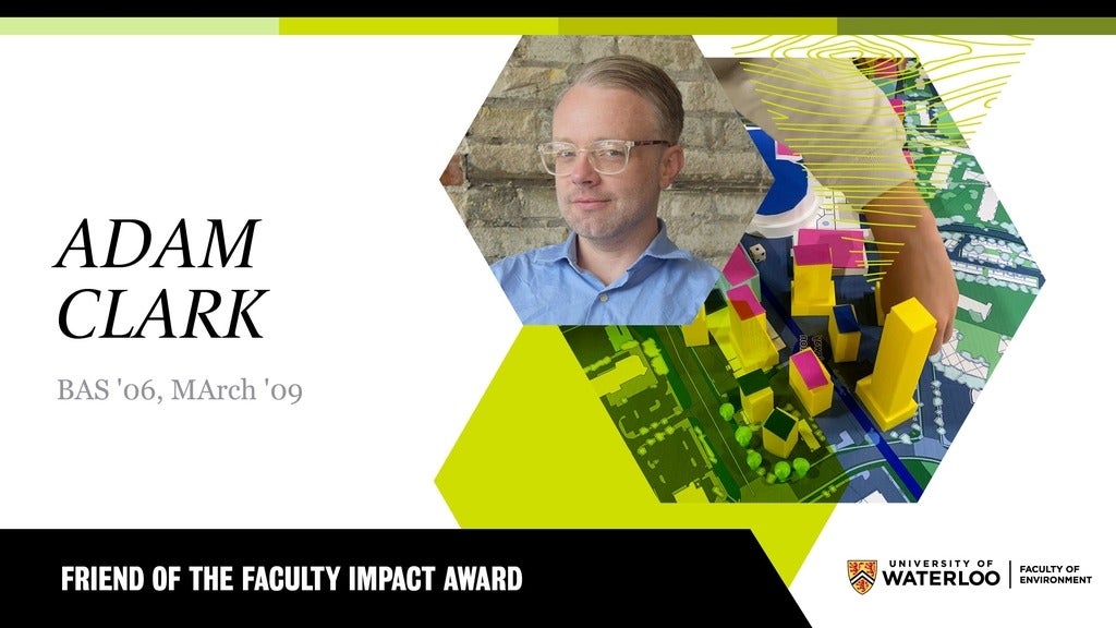 Man in blue shirt in hexangon shape with city building model in second shape on designed, green graphic.