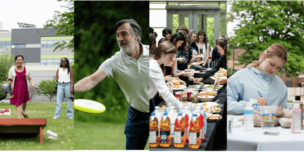 Collection of photos involving staff and students outside, playing yard games.
