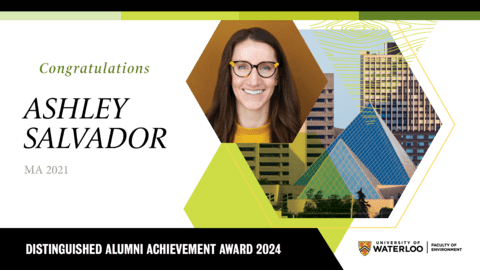 banner image with Congratulations Ashley Salvador text, a woman in yellow smilling and a back image of the city of edmonton landscape