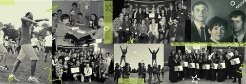 Black and white collage of university students celebrating