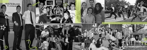 Collage of black and white photos of university students