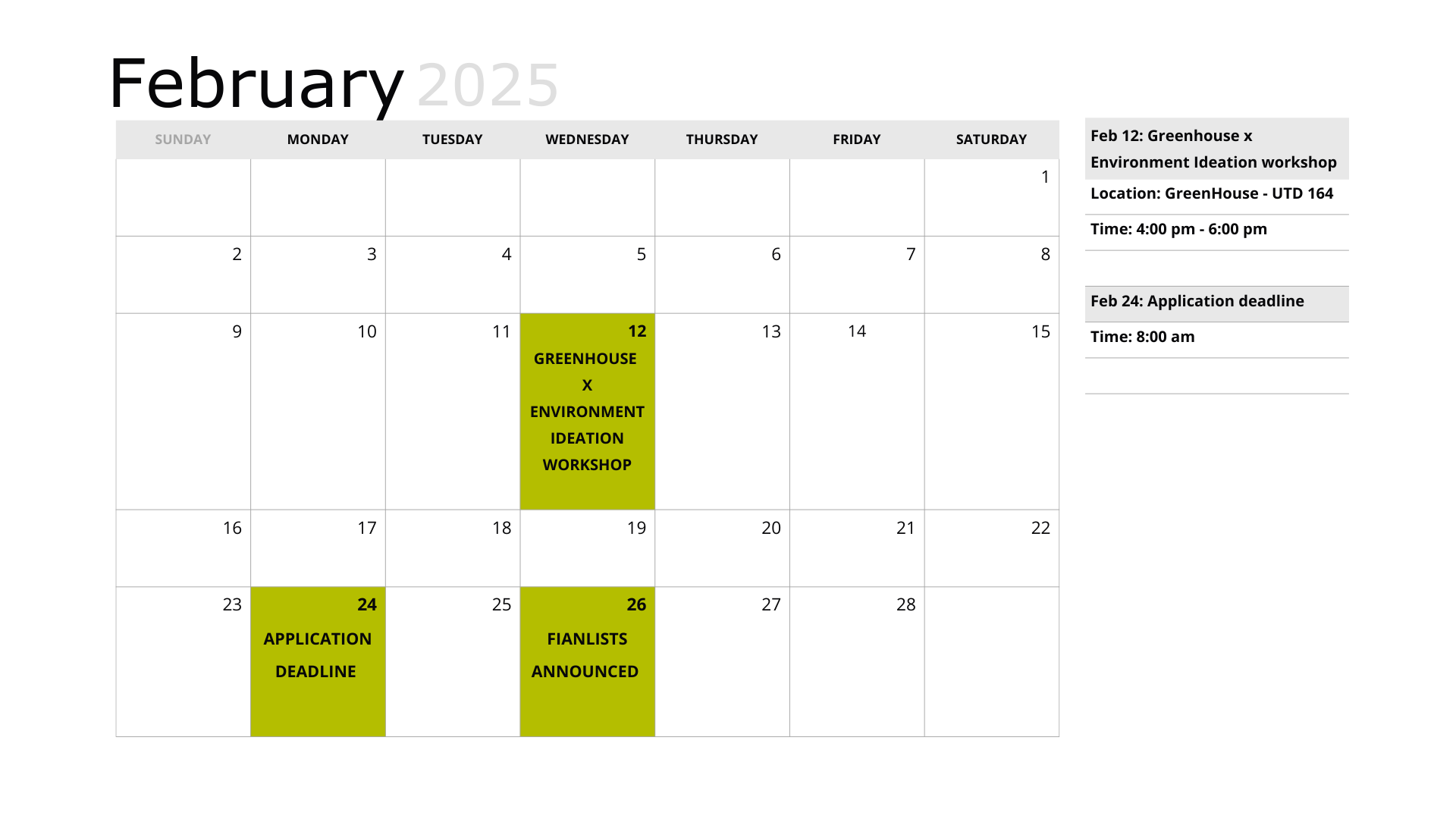 calendar for February 2025 showing highlighted dates for an event