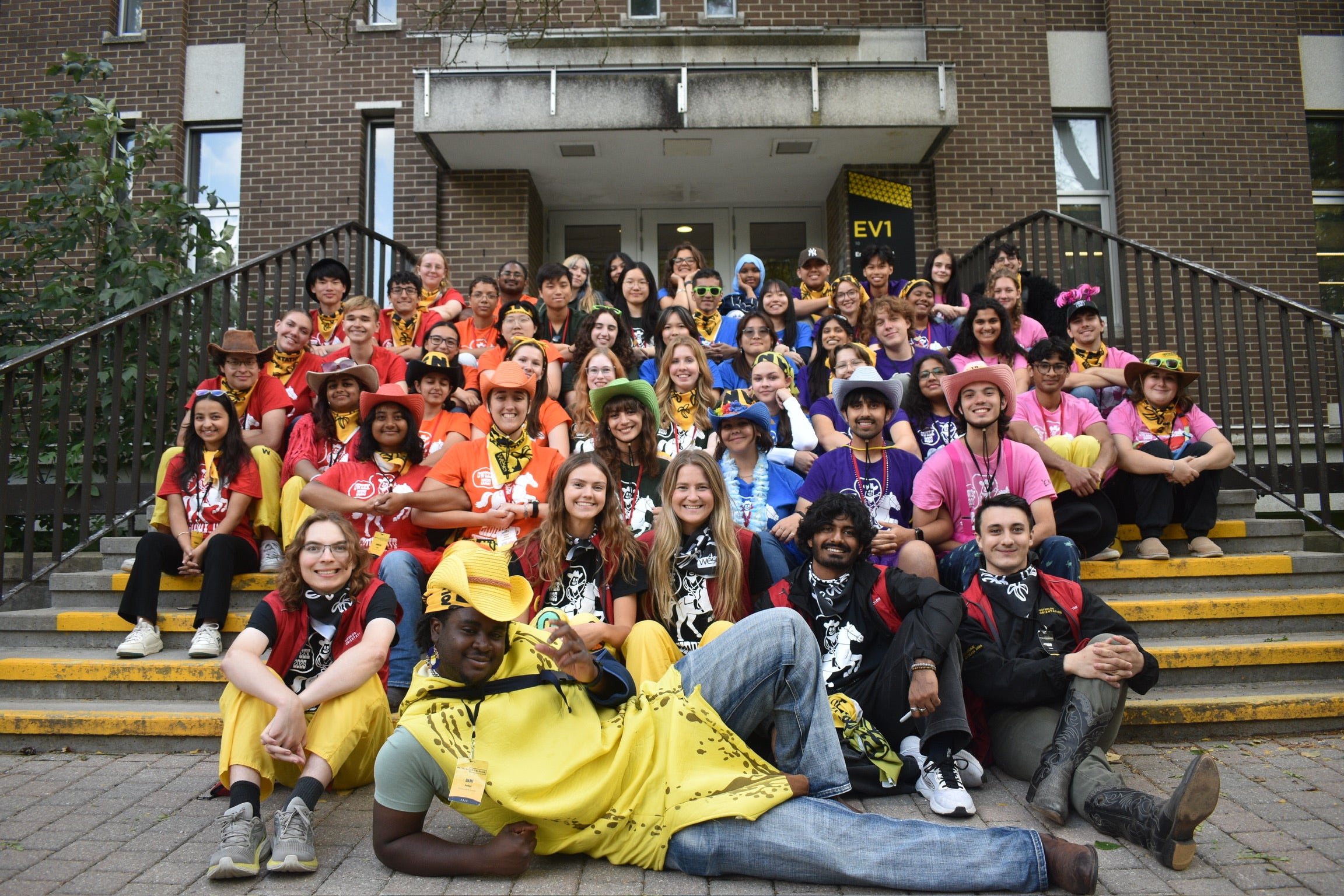 Orientation leaders on Environment building steps.