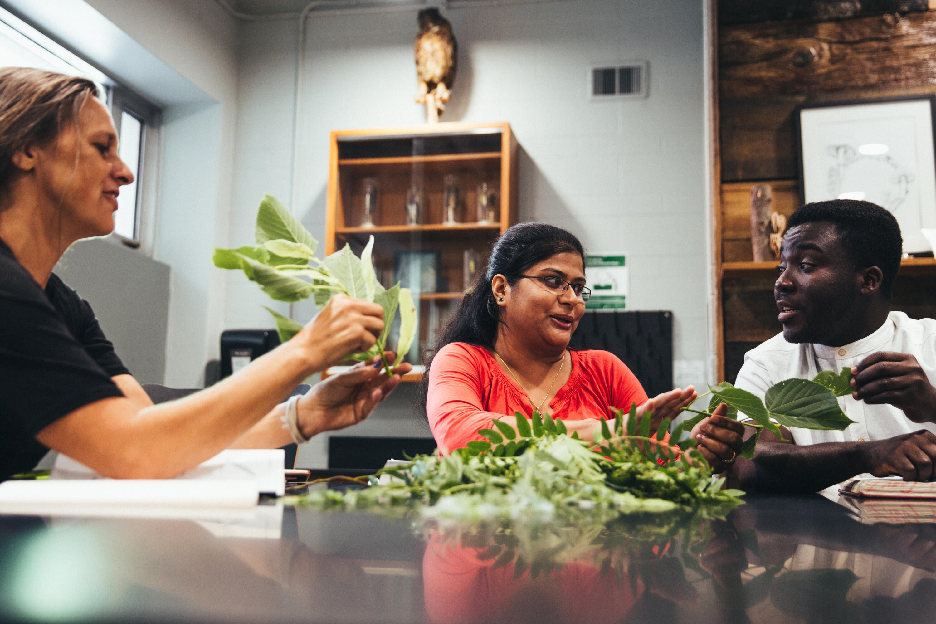 Students around a table with various plant samples having a discussion.