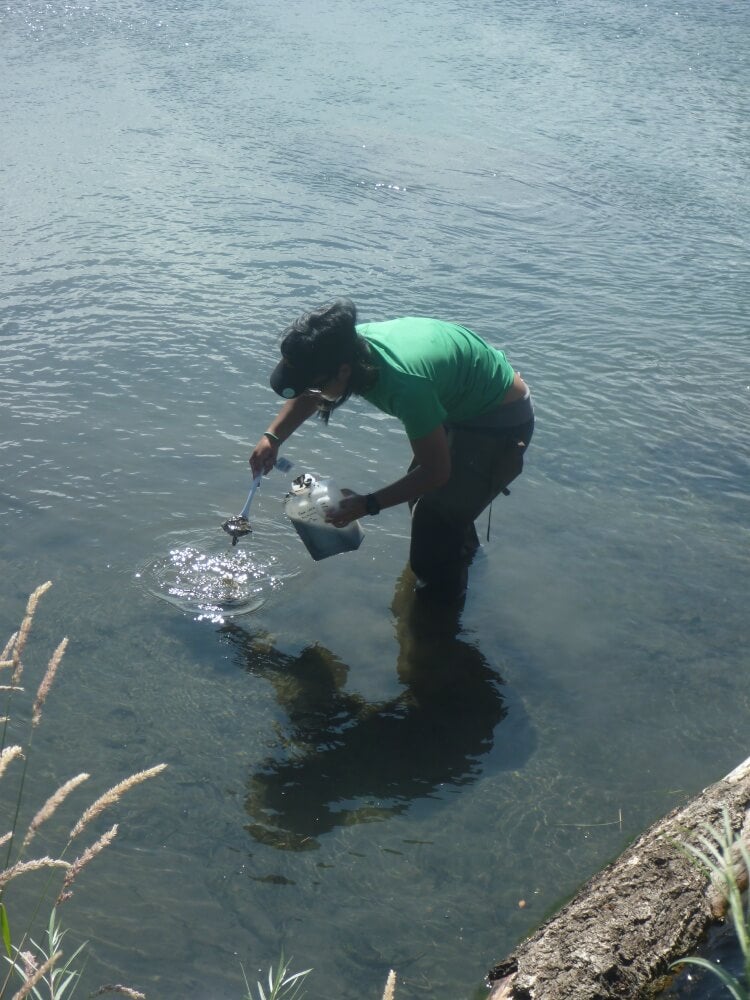 Student with green t-shirt and rubber boots standing in shallow water, scooping mud into a plastic jug