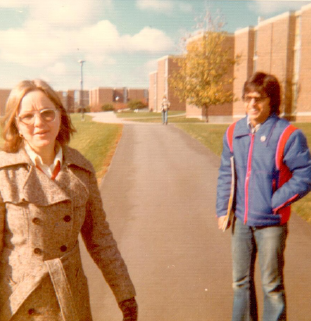 Two university students on campus, early 70s