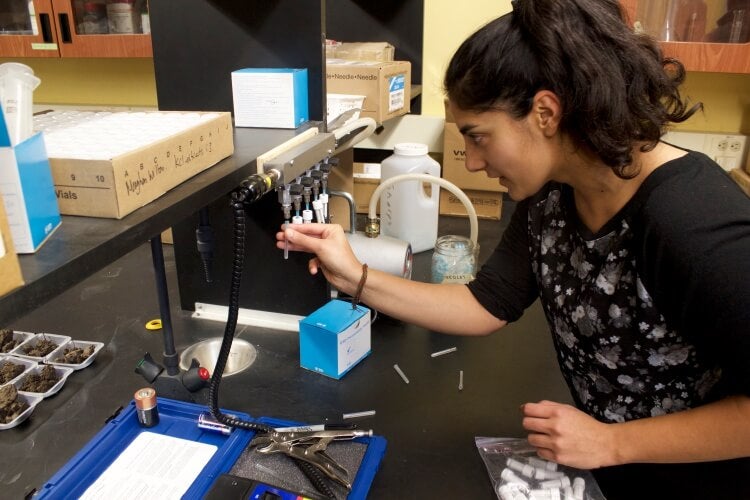 Student placing a glass vial on the end of a spigot, which is attached to a coiled cord