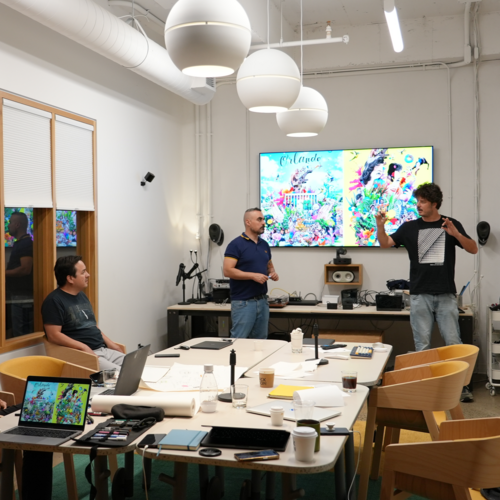 Researchers brainstorming in a room.