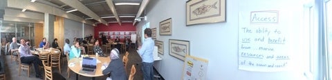 A panoramic shot of a group of people having a discussion.
