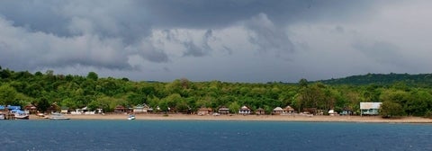 A beach lined with houses with some fishing boats docked.