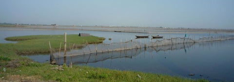 Fishing nets setup on a lagoon.