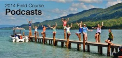 2014 field course podcasts with students posing on a jetty as a background.